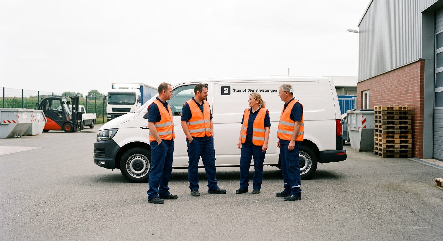 Team von Stumpf Dienstleistungen in Warnwesten vor dem beschrifteten Firmentransporter